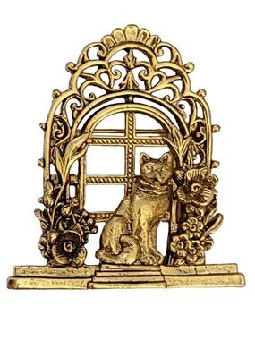 1928 Jewelry Co. Gold Tone Cat In Window Brooch Pin